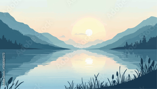 Serene Mountain Lake Landscape During Sunset with Calm Water and Silhouetted Plants