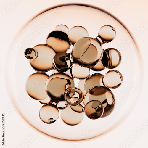 3D rendering of a cosmetic serum bubble ingredients. Abstract concept of collagen or liposome molecules for an anti-aging skin care product. Beauty and dermatology concept.