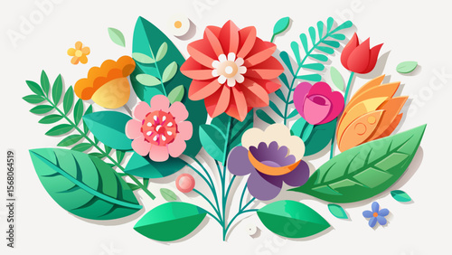 Vibrant paper cut flowers and leaves arranged in a beautiful floral bouquet design