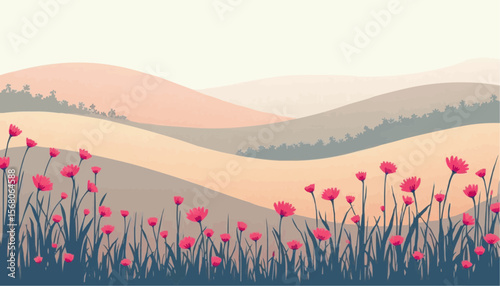 Abstract Pink Flower Field with Rolling Hills in Soft Pastel Colors