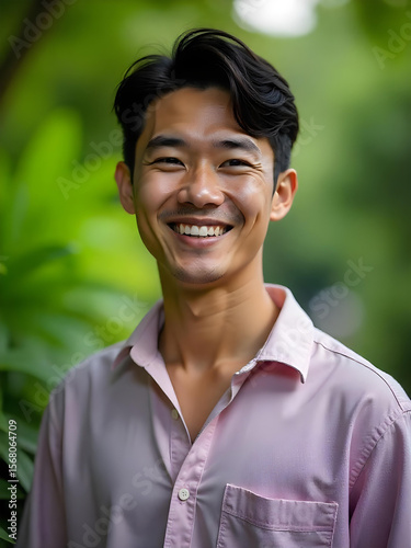 Happy Asian Man Smiling Outdoors in Nature