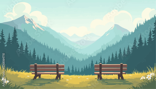 Serene Mountain Landscape with Forest and Wooden Benches in Bright Natural Light
