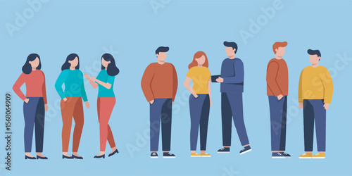 Modern flat vector illustration of diverse people in casual clothing, standing together in a group