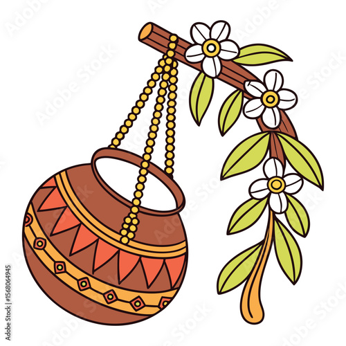 Vector of Hanging Dahi Handi with Leaves and Flowers for Janmashtami Theme