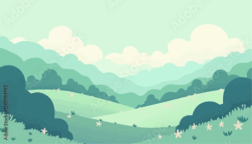 Pastel Green Landscape Illustration of Hills and Clouds in Soft Artistic Style