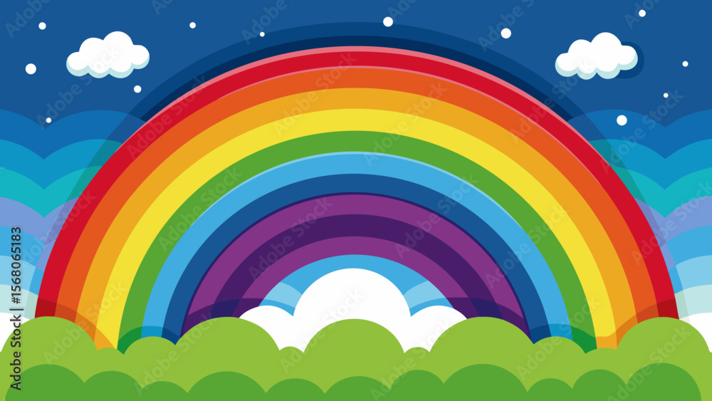 Naklejka premium Vibrant rainbow arches over green hills under a starry blue sky with clouds