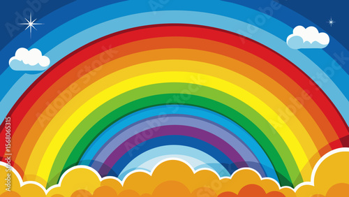 Vibrant rainbow arc with fluffy clouds and starry sky background illustration