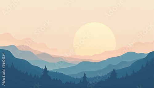 Serene Mountain Landscape with Sunset and Layered Hills in Soft Pastel Colors