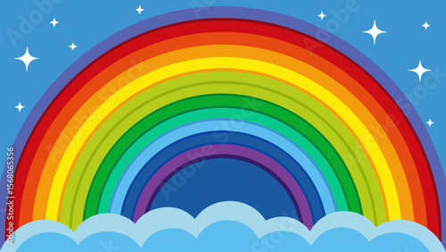 Vibrant rainbow arching over fluffy clouds against a bright blue sky with twinkling stars