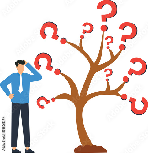 Business Decision Making Concept Illustration Confused Businessman with Question Mark Tree Problem Solving Strategy Uncertainty Doubt,business, decision, making, problem,