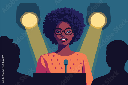 African woman in glasses and afro puff hairstyle giving a keynote speech on stage with spotlight and slides behind her vector illustration