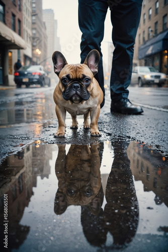 Adorable French Bulldog and His Owner Reflected in Rainy City Puddle
