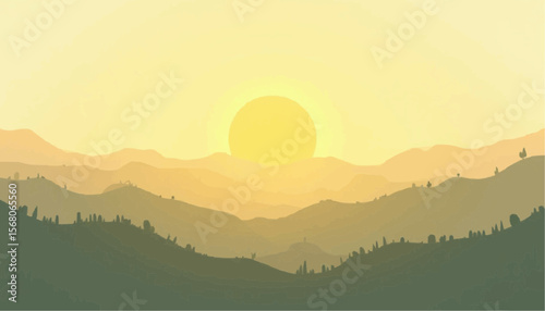 Sunset Landscape with Mountain Range and Soft Yellow Sky
