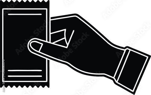 Hand giving a ticket purchase movie theater or other event silhouette black vector illustration