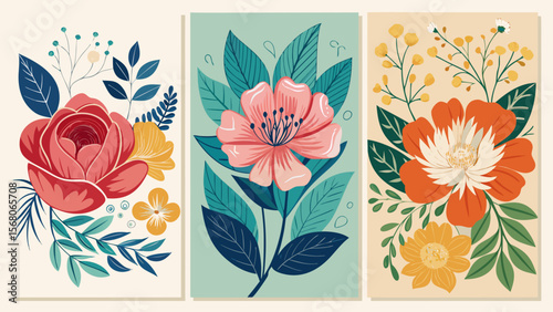 Vibrant trio of stylized floral illustrations featuring a rose pink flower and orange bloom