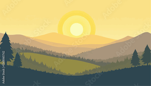 Sunset Landscape with Mountain Ranges and Pine Trees in Warm Yellow and Green Tones