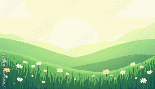 Sunrise Over Green Hills with Daisy Flowers in Pastel Colors