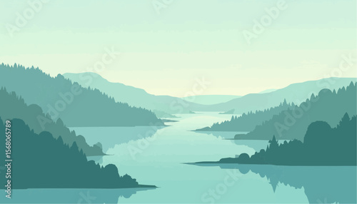 Serene Mountain Lake Landscape with Forested Hills and Calm Water