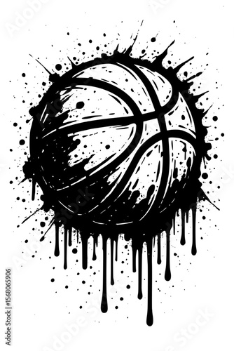 Graffiti-style basketball vector with bold Black and White contrast, paint splatters, and drips. Urban street art meets athletic vibes-ideal for merch, posters, branding, and modern design fans