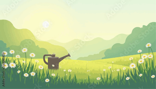 Serene Green Meadow Landscape with Daisies and Watering Can in Bright Sunlight