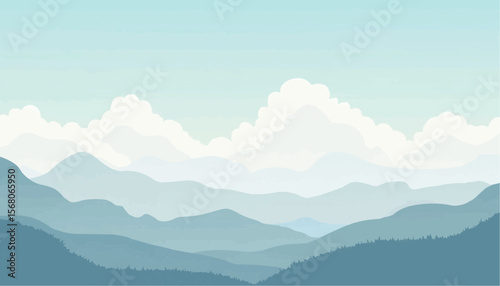 Serene Mountain Range with Blue Gradient and Soft Clouds Vector Illustration