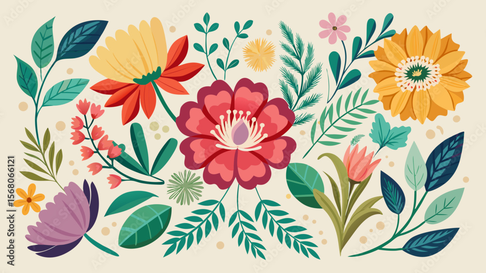 Obraz premium Vibrant flat design floral arrangement with various flowers and green leaves on a cream background