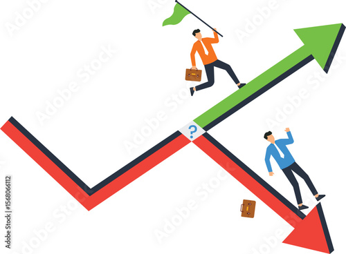 Business Success vs Failure Concept Illustration: Upward and Downward Arrows with Business People, Financial Growth, Market Trends, Risk Management