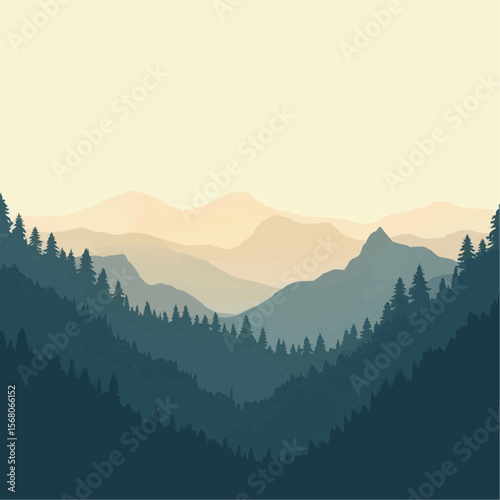 Misty Mountain Range with Evergreen Trees in Soft Gradient Tones Landscape