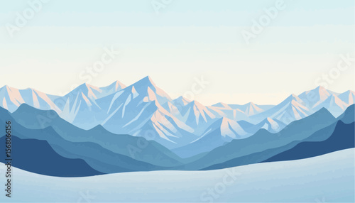 Blue Mountain Range With Snow Landscape Geometric Low Poly Style