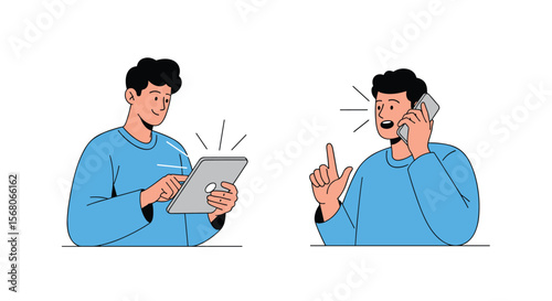 Two Men Communicating Using Digital Devices and Phone for Connection and Collaboration