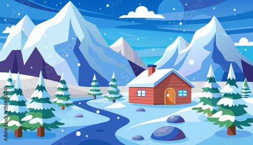 Cozy cabin nestled amidst snowy mountains and pine trees under a starry winter sky