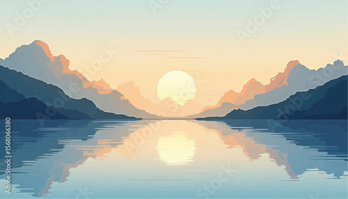 Calm Lake Reflecting Sunrise with Mountains and Soft Orange Clouds