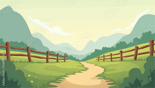 Scenic Grassy Landscape with Winding Path, Wooden Fence and Mountain Vista