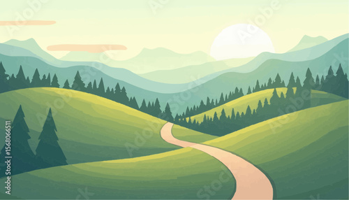 Scenic Green Landscape with Winding Path and Pastel Sky Illustration