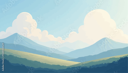Peaceful Mountain Landscape with Soft Pastel Sky and Billowing Clouds