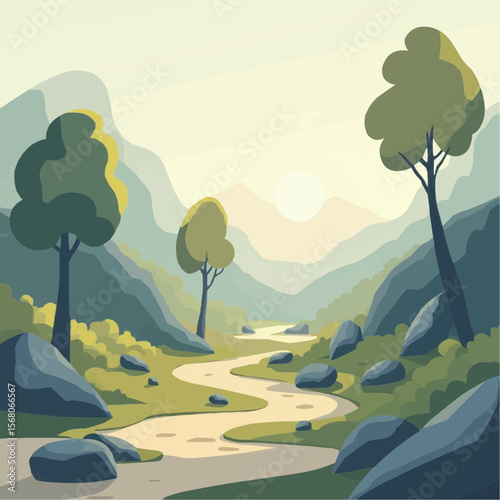 Scenic Mountain Valley with Trees, Rocks, and Winding Path in Soft Light