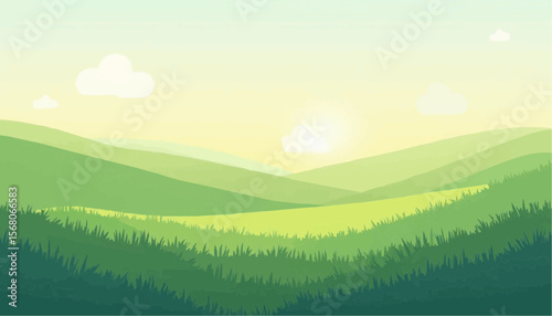Green Hills Landscape at Sunrise with Grass and Clouds Vector Illustration
