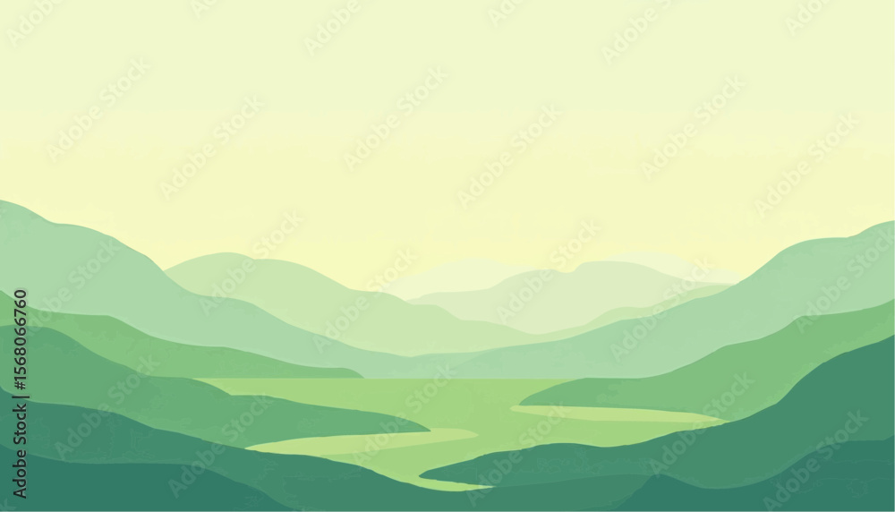 Obraz premium Green Layered Mountain Landscape with Calm Water Scenery