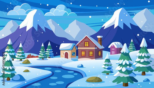 Cozy winter village scene with snowing mountains and a frozen river