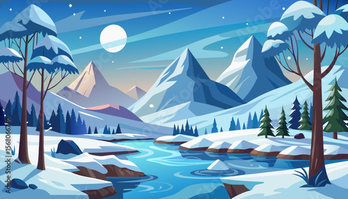 Serene winter landscape with snow covered mountains and a frozen river under a full moon