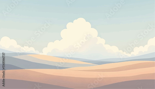 Dreamy Pastel Desert Landscape with Rolling Dunes and Fluffy Clouds