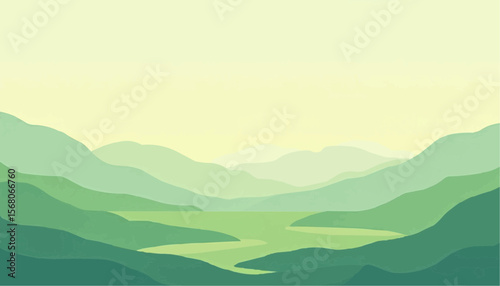 Green Layered Mountain Landscape with Calm Water Scenery