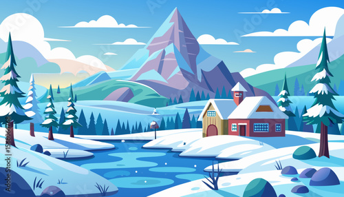 Cozy cabin nestled in a snowy winter wonderland with majestic mountains and frozen river