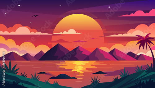 Vibrant sunset over a serene mountain lake with a lone palm tree