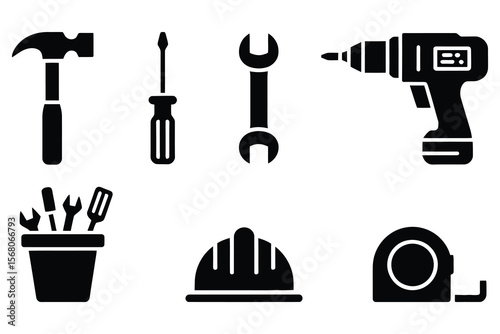 Tools and safety equipment icons hammer screwdriver