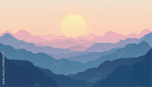 Layered Blue Mountain Range with Pastel Sunrise Sky Illustration