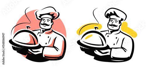 Cook in hat emblem. Male chef and tray with lid. Symbol or sign for restaurant or cafe menu. Vector illustration