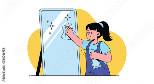 Young girl cheerfully wipes a tall mirror with a cloth making it sparkle and shine brightly