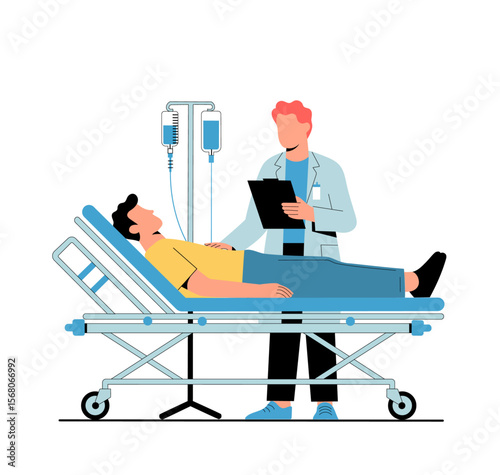 Doctor examines patient lying on hospital bed with IV drip, showcasing medical consultation in healthcare setting. scene emphasizes care and professionalism