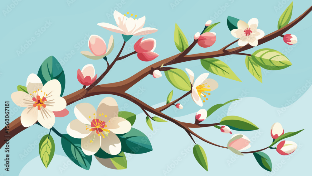 Fototapeta premium Delicate white and pink cherry blossoms adorn a branch against a soft blue sky